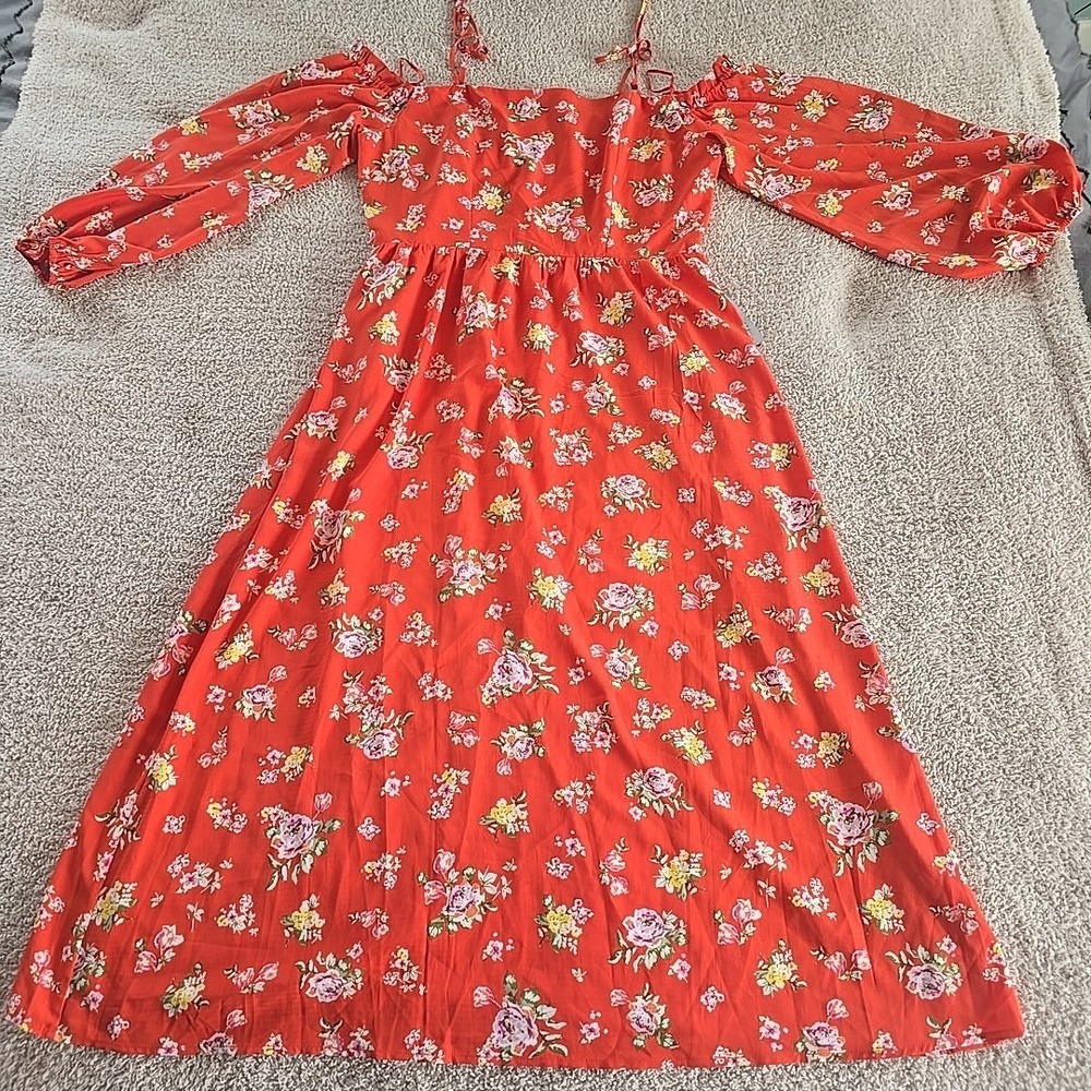 CHARLES HENRY Tomato Ditsy Floral Cold Shoulder Long Sleeve Midi Dress Sz XL NWT